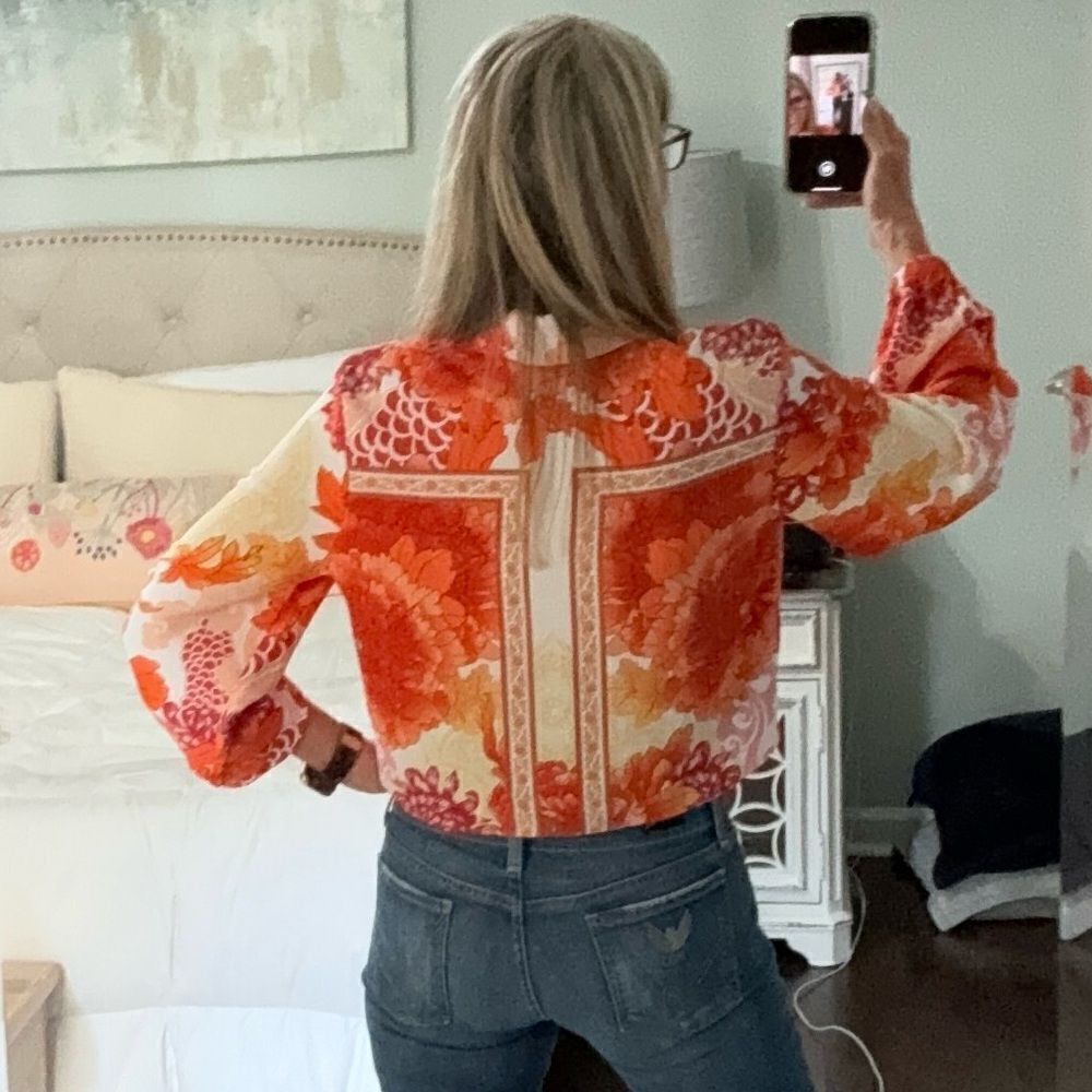 Joie Long Sleeve Orange & White floral tie@waist button down- NWOT- size small - Picture 4 of 16